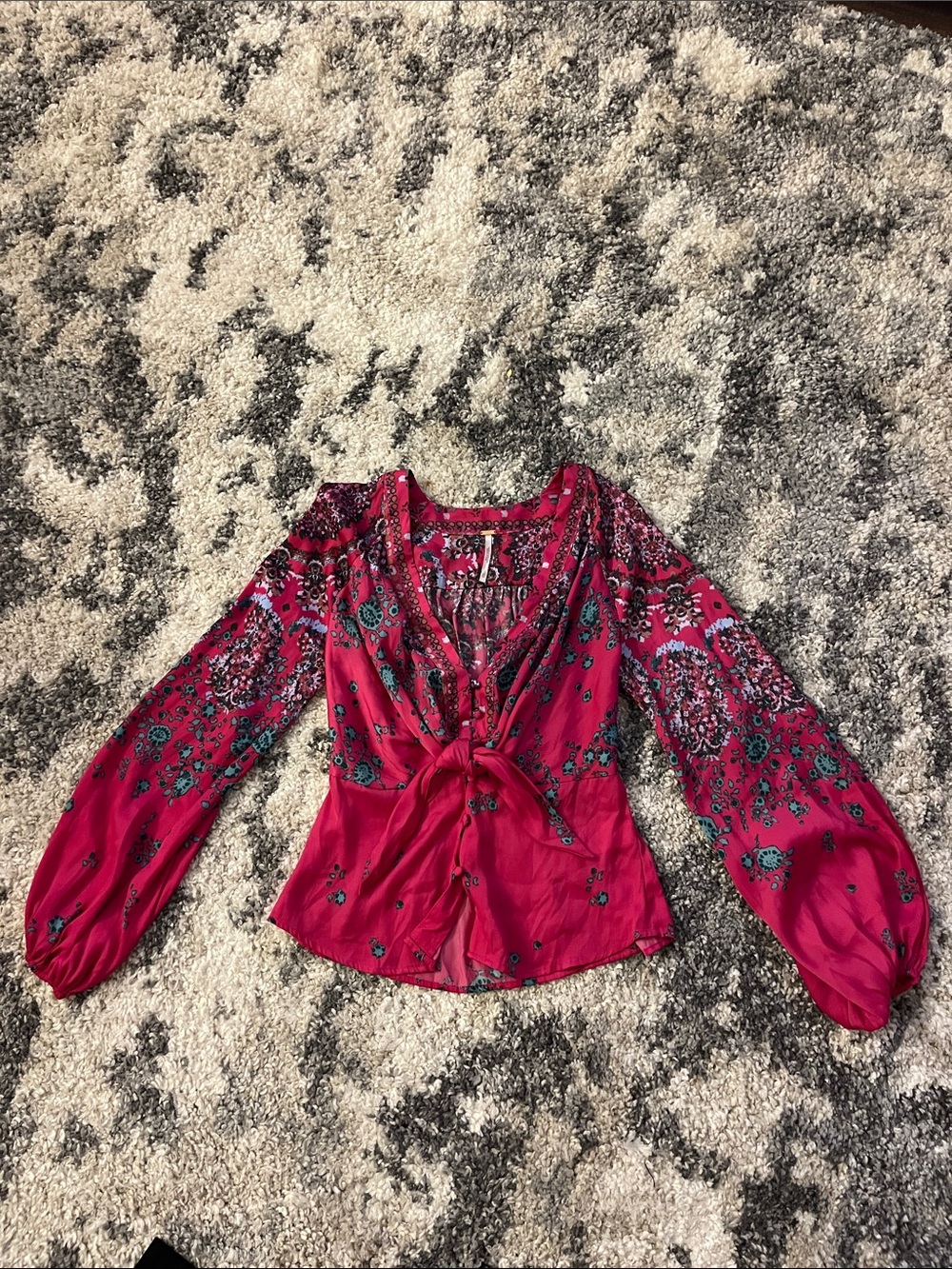 Free People Magenta Floral Tie-Front Peplum Blouse